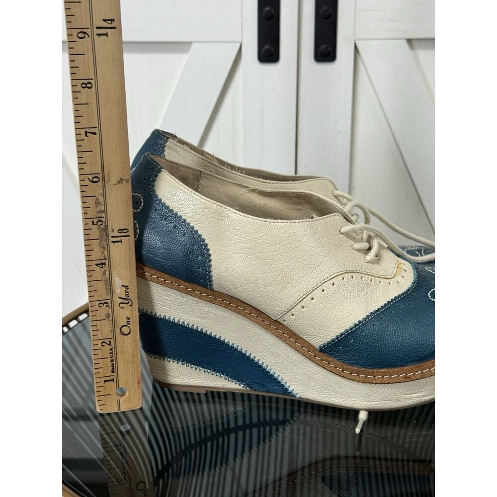 Anthropologie Pilcro Cream and Teal Leather Wedge Oxfordsππ - Picture 12 of 13